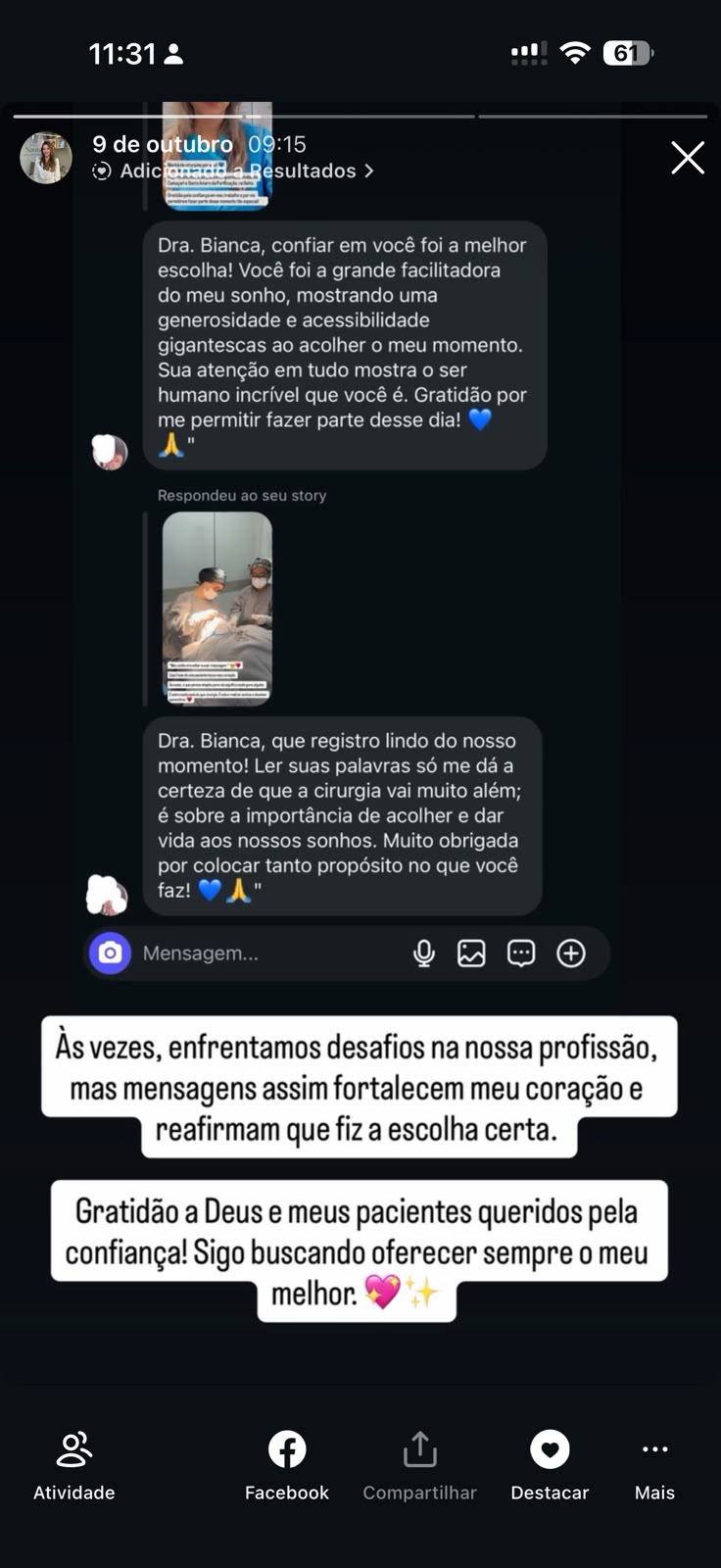 Depoimento real de paciente Instagram Stories Dra. Bianca Barreto